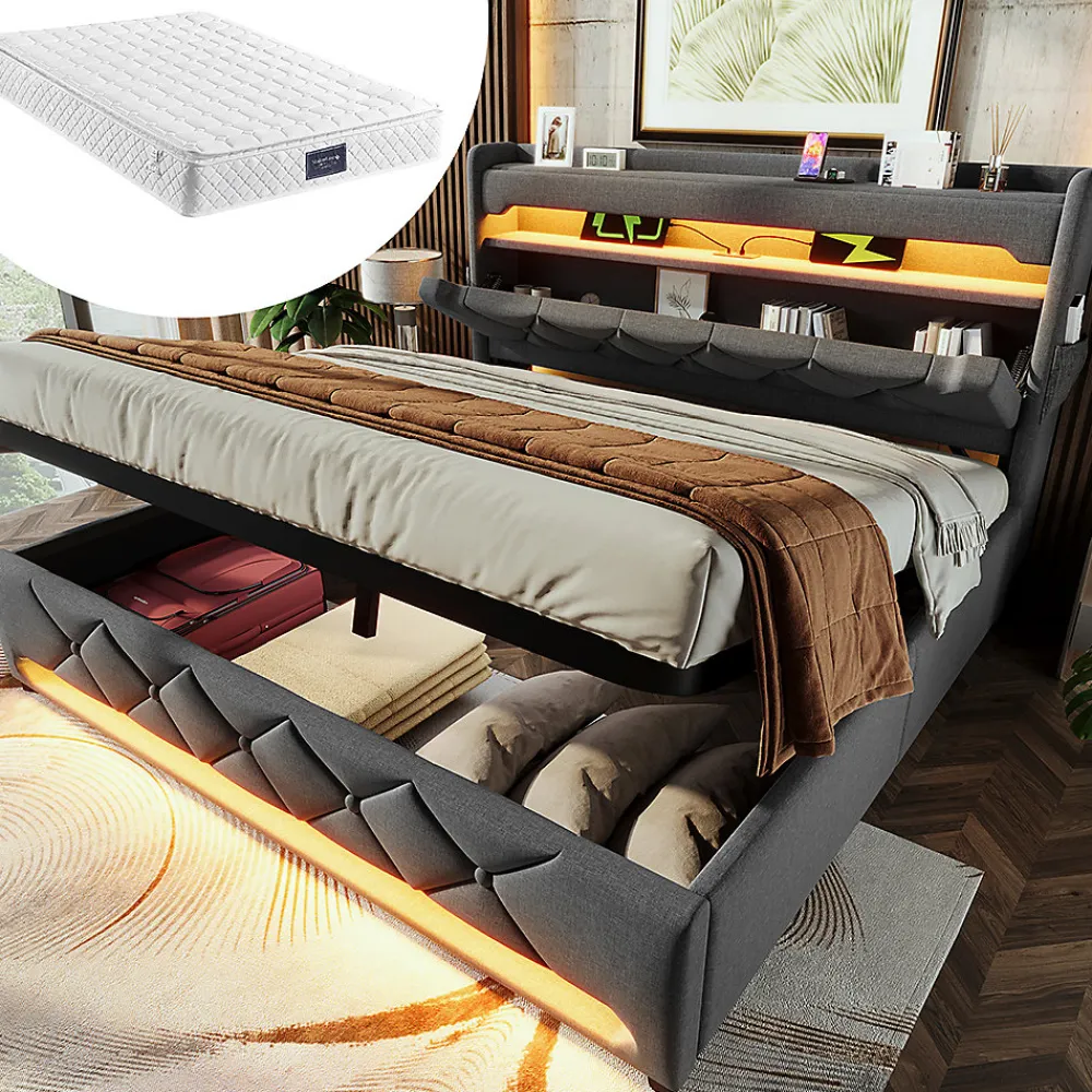 Lit hydraulique 140x200cm, lit double, espace de rangement en tête de lit avec port usb et type c, lin, gris, avec matelas>Gutent Online