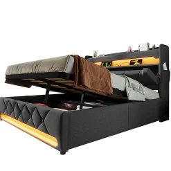 Lit hydraulique 140x200cm, lit double, espace de rangement en tête de lit avec port usb et type c, lin, gris, avec matelas>Gutent Online