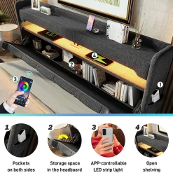 Lit hydraulique 140x200cm, lit double, espace de rangement en tête de lit avec port usb et type c, lin, gris, avec matelas><noscript><img width=