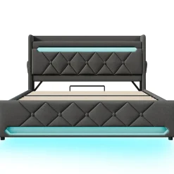 Lit hydraulique 140x200cm, lit double, espace de rangement en tête de lit avec port usb et type c, lin, gris, avec matelas><noscript><img width=