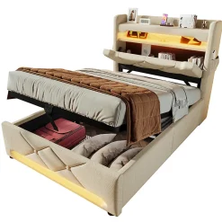 Lit hydraulique 90x200cm, Single, espace de rangement en tête de lit avec port usb et type c, lin, beige, avec matelas>Gutent Hot