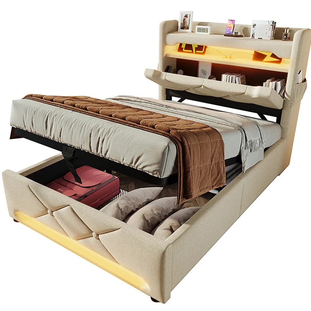 Lit hydraulique 90x200cm, Single, espace de rangement en tête de lit avec port usb et type c, lin, beige, avec matelas>Gutent Hot