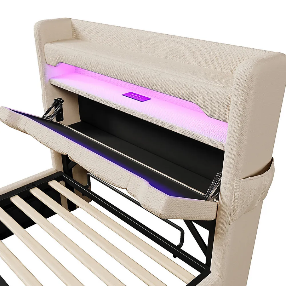 Lit hydraulique 90x200cm, Single, espace de rangement en tête de lit avec port usb et type c, lin, beige, avec matelas>Gutent Hot