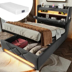 Lit hydraulique 90x200cm, Single, espace de rangement, tête de lit avec port usb et type c, lin,gris,avec matelas>Gutent Discount