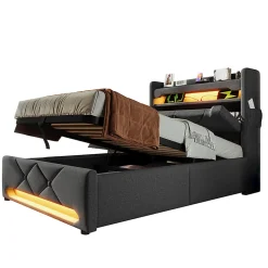 Lit hydraulique 90x200cm, Single, espace de rangement, tête de lit avec port usb et type c, lin,gris,avec matelas>Gutent Discount