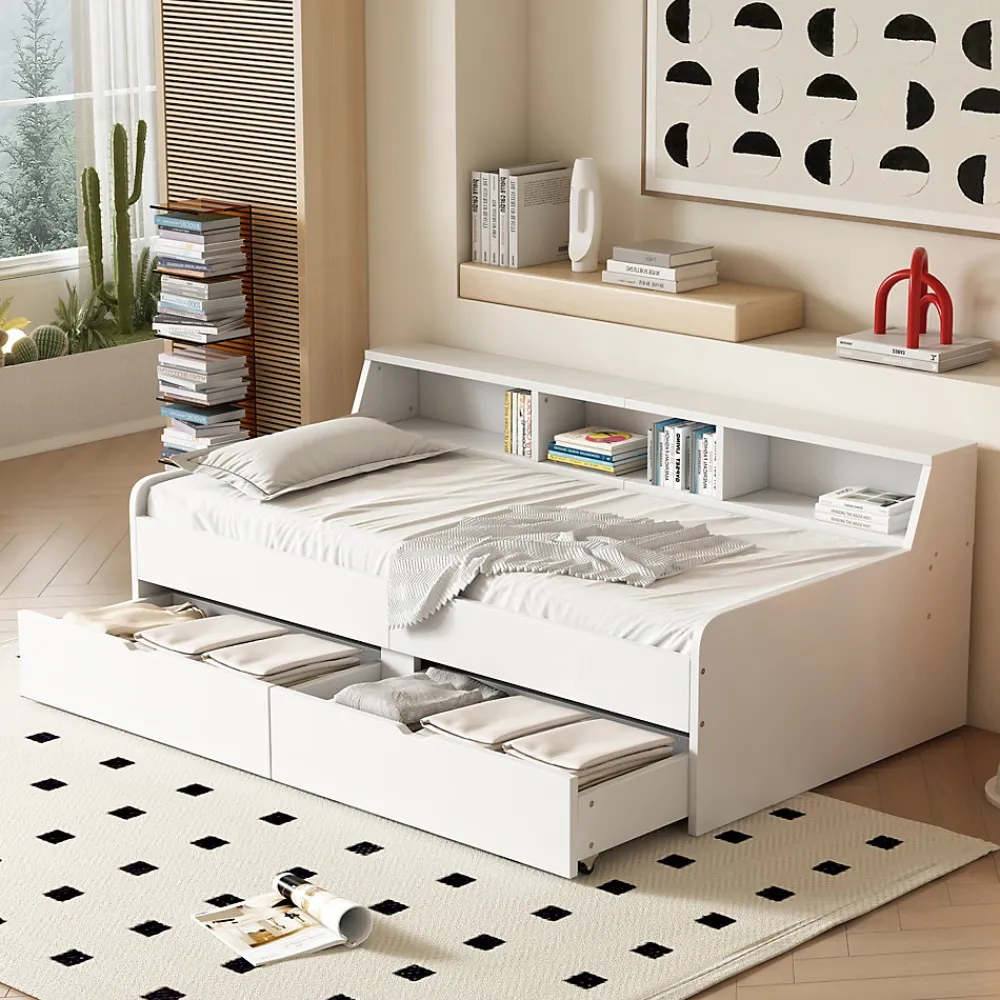Lit individuel 90x200cm, avec tiroirs, Blanc>Fortuna lai Clearance