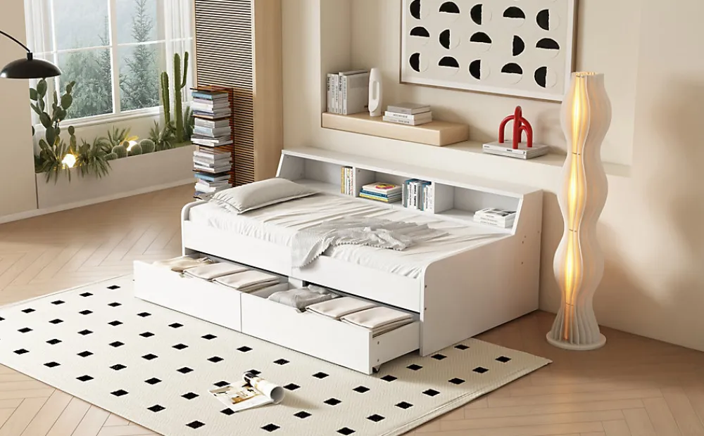 Lit individuel 90x200cm, avec tiroirs, Blanc>Fortuna lai Clearance