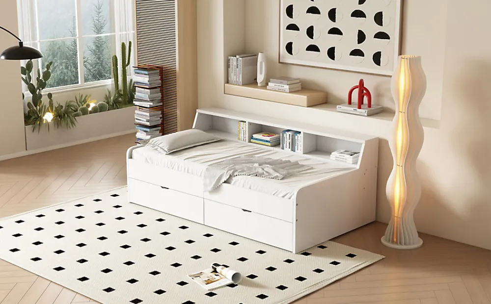 Lit individuel 90x200cm, avec tiroirs, Blanc>Fortuna lai Clearance