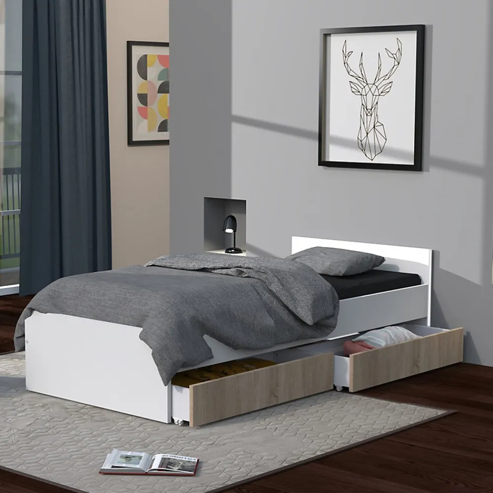 Lit KAPPA 90x190 + 2 tiroirs / Décor Chêne Blanchi et Blanc>Weber Industries New