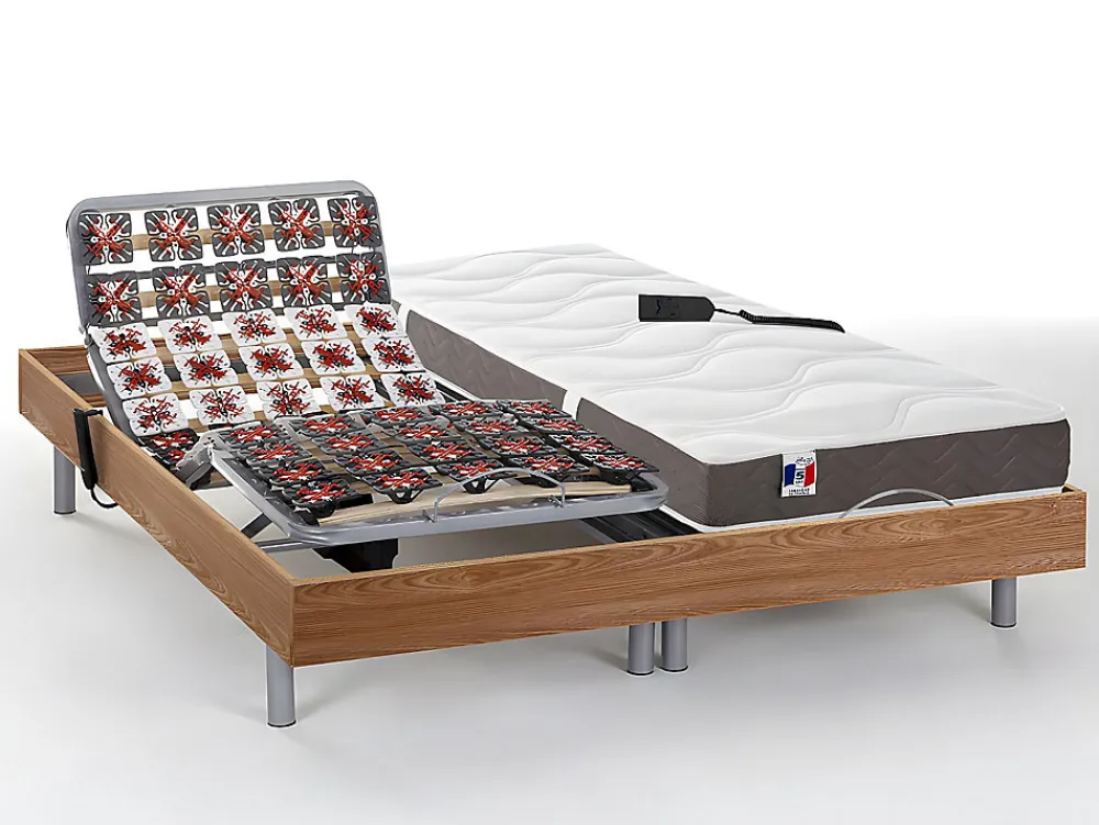 Lit électrique de relaxation tout plots + matelas 100% latex 3 zones - 2 x 80 x 200 cm - Naturel clair - JUPITER de YSMÉE>Vente-unique Online