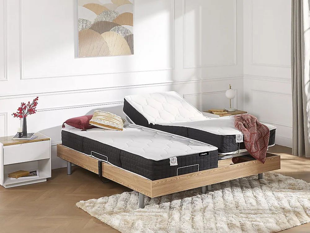 Lit électrique de relaxation tout plots + matelas ressorts ensachés et mémoire forme - 2 x 70 x 190 cm - Chêne - PHANES de YSMÉE>Vente-unique New