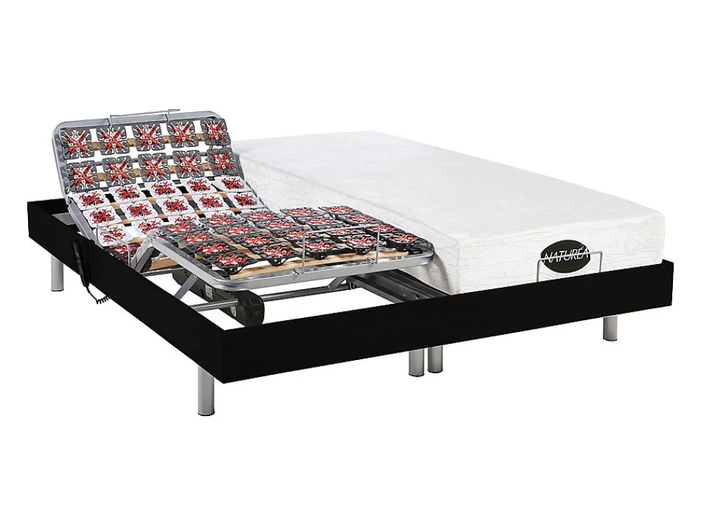 Lit électrique de relaxation tout plots + matelas mémoire de forme et bambou - 2 x 80 x 200 cm - Noir - LYSIS III de NATUREA>Vente-unique
