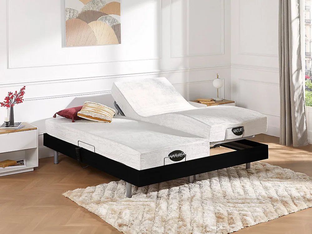 Lit électrique de relaxation tout plots + matelas mémoire de forme et bambou - 2 x 80 x 200 cm - Noir - LYSIS III de NATUREA>Vente-unique