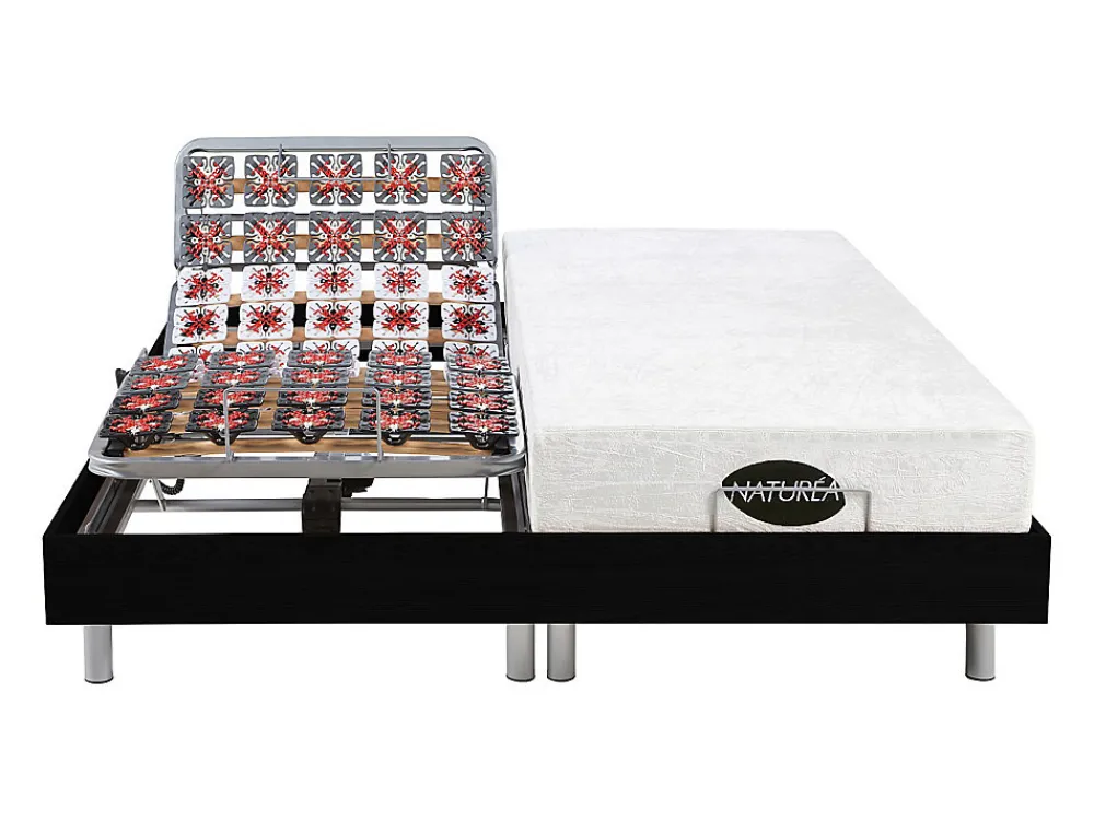 Lit électrique de relaxation tout plots + matelas mémoire de forme et bambou - 2 x 80 x 200 cm - Noir - LYSIS III de NATUREA>Vente-unique