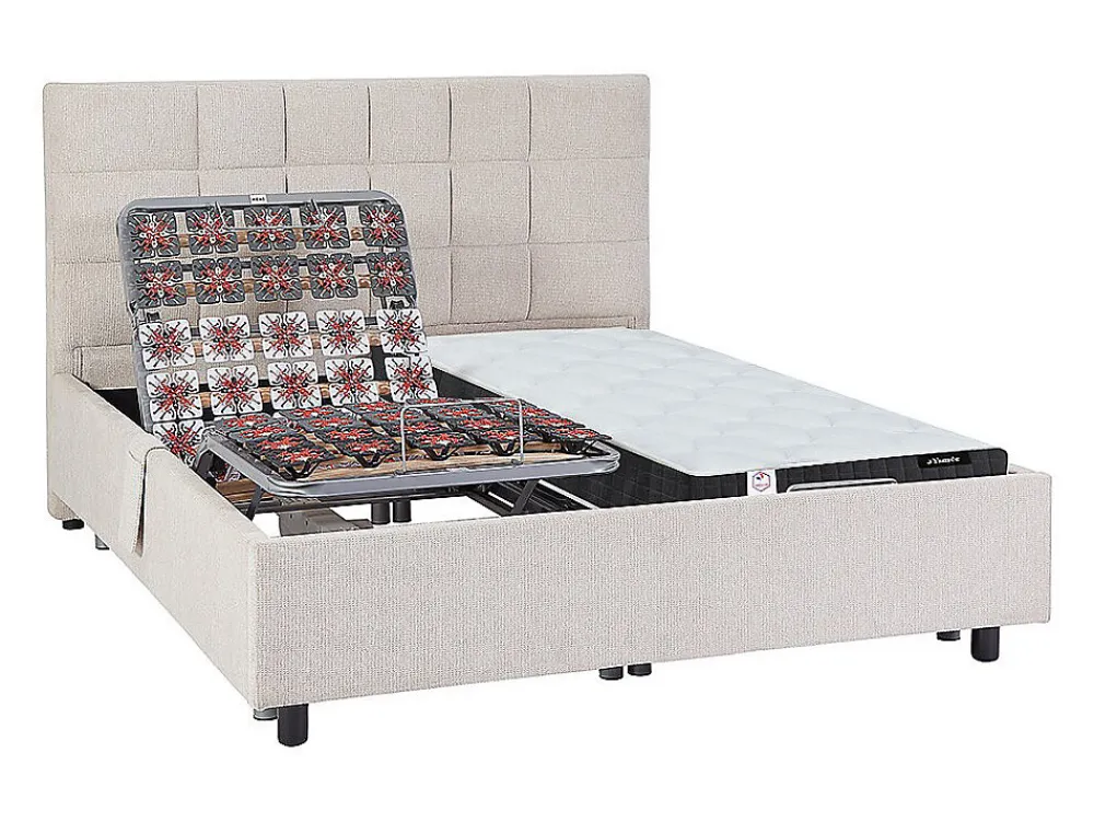 Lit électrique de relaxation déco tout plots + matelas ressorts ensachés et mémoire de forme - 2 x 70 x 190 cm - Tissu - Beige ->Vente-unique Online