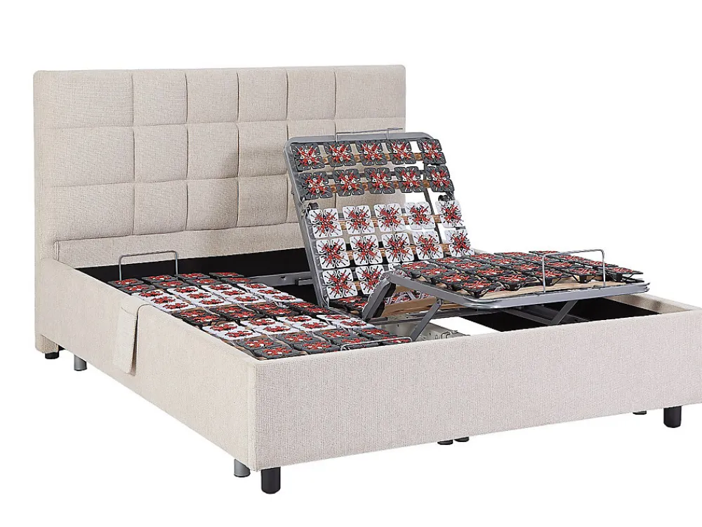 Lit électrique de relaxation déco tout plots + matelas ressorts ensachés et mémoire de forme - 2 x 70 x 190 cm - Tissu - Beige ->Vente-unique Online