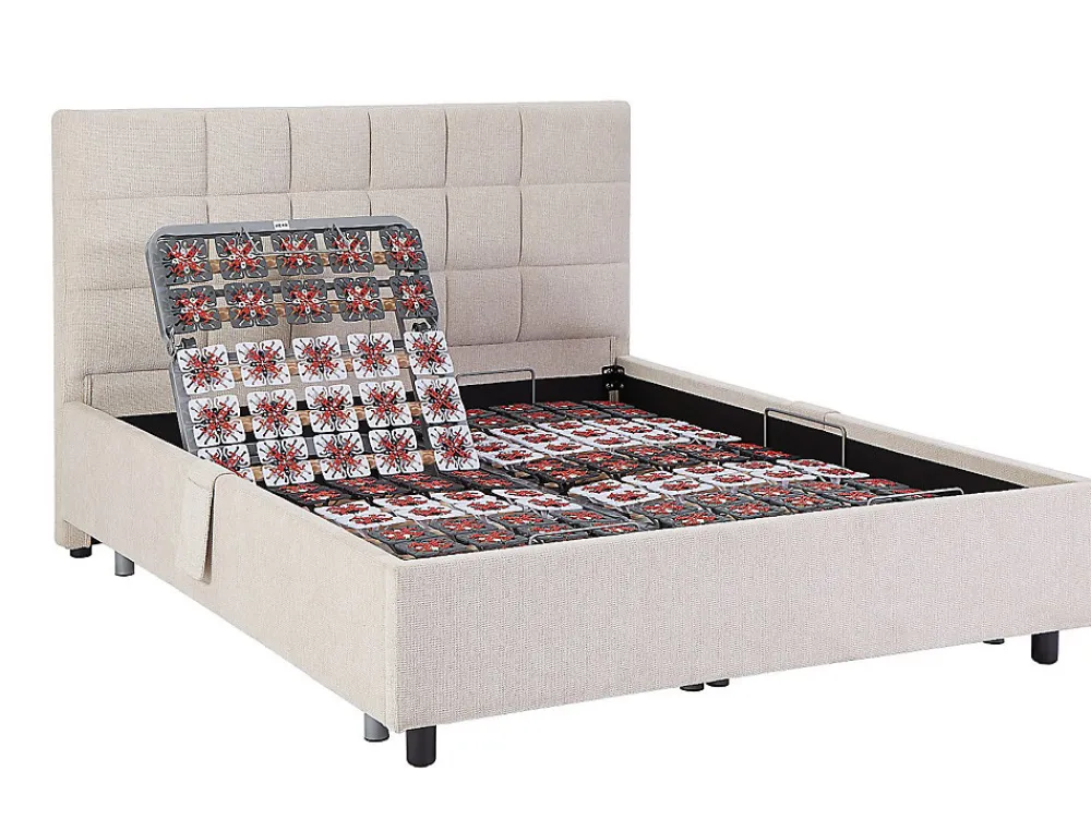 Lit électrique de relaxation déco tout plots + matelas ressorts ensachés et mémoire de forme - 2 x 70 x 190 cm - Tissu - Beige ->Vente-unique Online