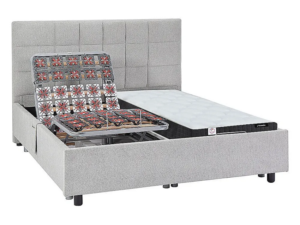Lit électrique de relaxation déco tout plots + matelas ressorts ensachés et mémoire de forme - 2 x 70 x 190 cm - Tissu - Gris ->Vente-unique Online