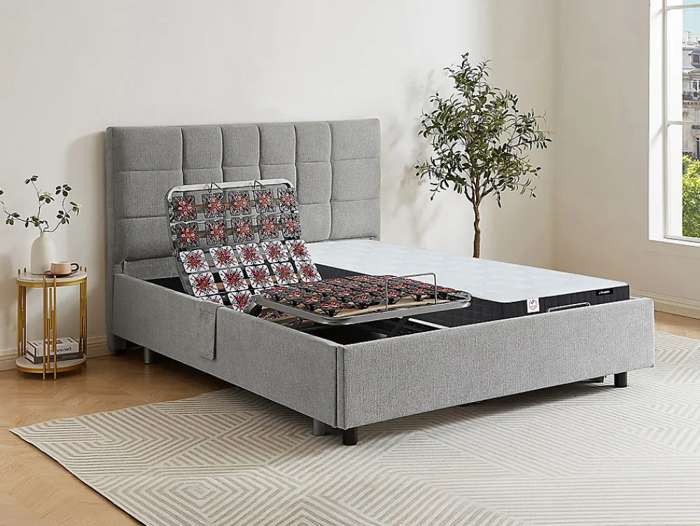Lit électrique de relaxation déco tout plots + matelas ressorts ensachés et mémoire de forme - 2 x 70 x 190 cm - Tissu - Gris ->Vente-unique Online
