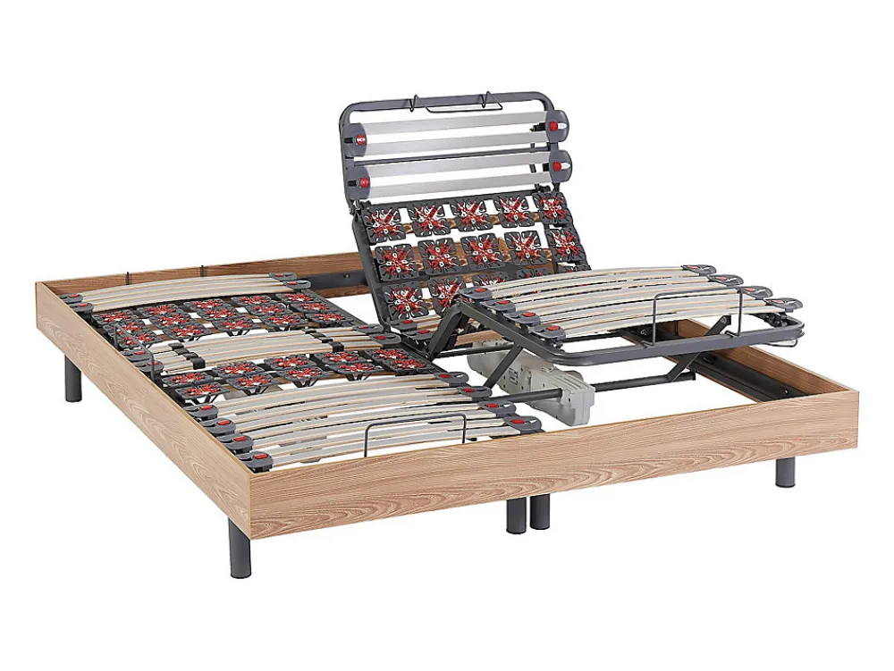 Lit électrique de relaxation lattes et plots + matelas mémoire de forme et bambou - 2 x 90 x 200 cm - Chêne - DAMYSOS de NATUREA>Vente-unique