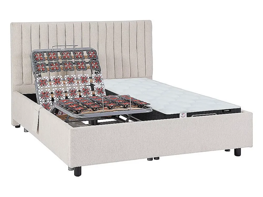 Vente-unique Lit électrique de relaxation déco tout plots + matelas ressorts ensachés et mémoire de forme - 2 x 80 x 200 cm - Tissu - Beige -* Lit Double