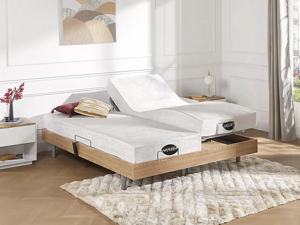 Vente-unique Lit électrique de relaxation tout plots + matelas mémoire de forme et bambou - 2 x 90 x 200 cm - Chêne - LYSIS III de NATUREA* Lit Double