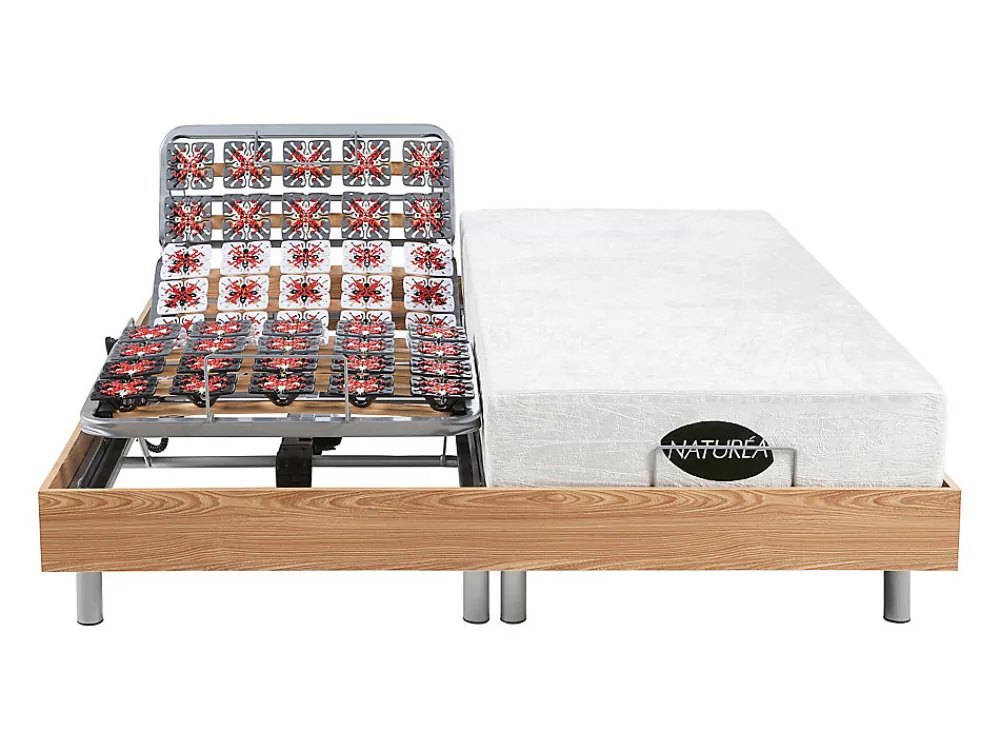 Vente-unique Lit électrique de relaxation tout plots + matelas mémoire de forme et bambou - 2 x 90 x 200 cm - Chêne - LYSIS III de NATUREA* Lit Double