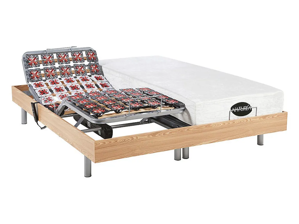 Vente-unique Lit électrique de relaxation tout plots + matelas mémoire de forme et bambou - 2 x 90 x 200 cm - Chêne - LYSIS III de NATUREA* Lit Double