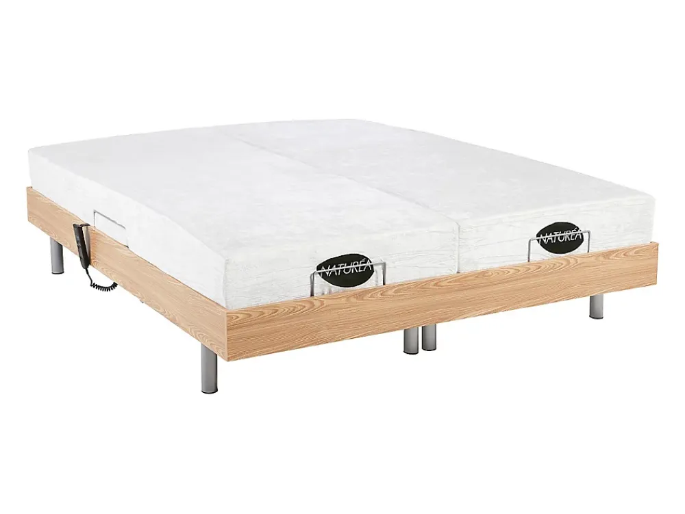 Vente-unique Lit électrique de relaxation tout plots + matelas mémoire de forme et bambou - 2 x 90 x 200 cm - Chêne - LYSIS III de NATUREA* Lit Double