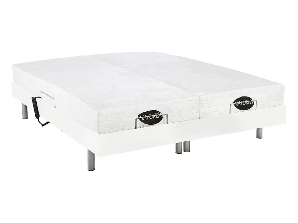 Vente-unique Lit électrique de relaxation tout plots + matelas mémoire de forme et bambou - 2 x 70 x 190 cm - Blanc - LYSIS III de NATUREA* Lit Double