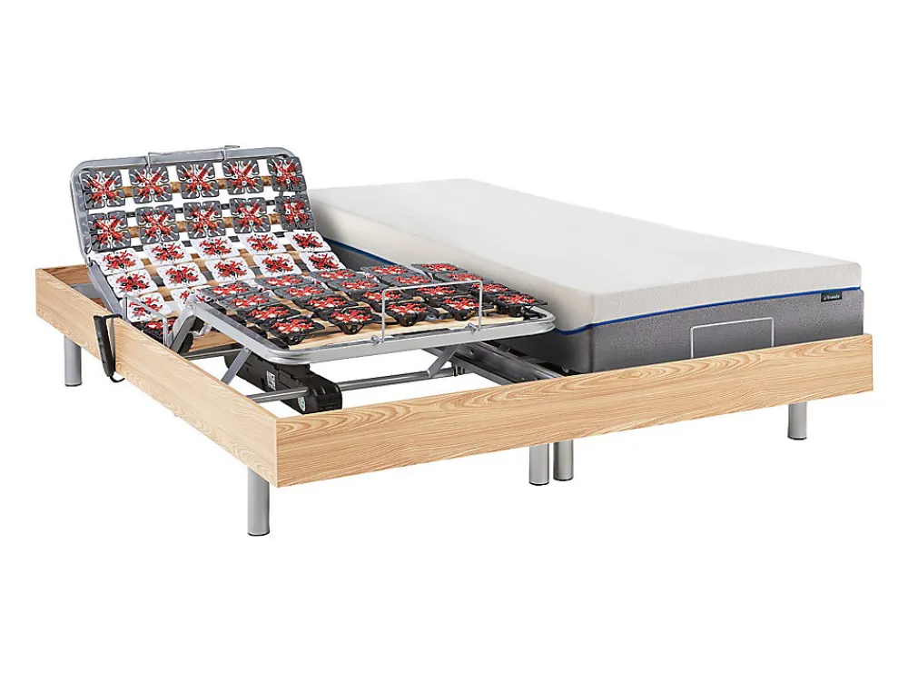 Vente-unique Lit électrique de relaxation tout plots + matelas mémoire de forme - 2 x 80 x 200 cm - Chêne - HESIODE III de YSMÉE* Lit Double