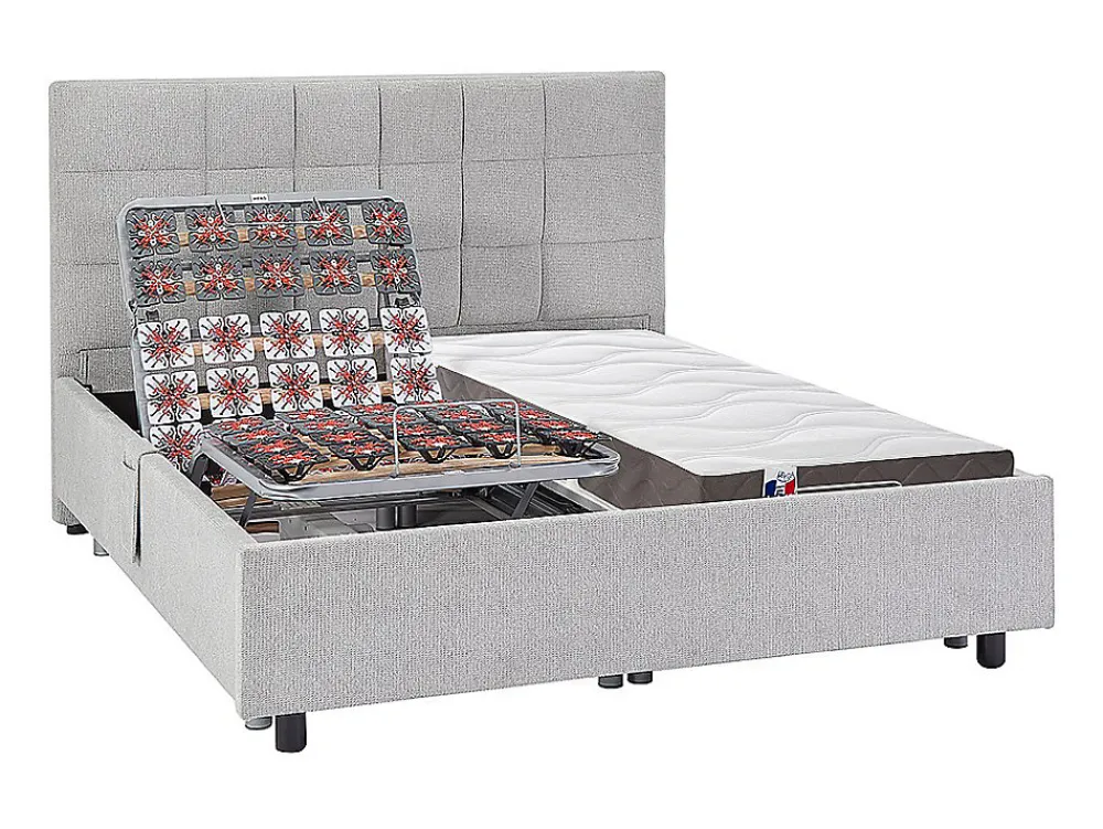 Vente-unique Lit électrique de relaxation déco tout plots + matelas 100% latex 3 zones - 2 x 70 x 190 cm - Tissu - Gris - JOFAR de YSMÉE* Lit Double