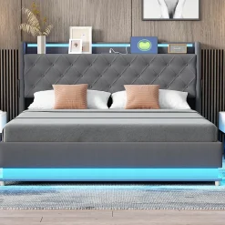 Redom Lit LED 160 par 200 cm avec port USB et rangement hydraulique tissu lin gris doux et respirant idéal pour adultes* Lit Avec Rangement