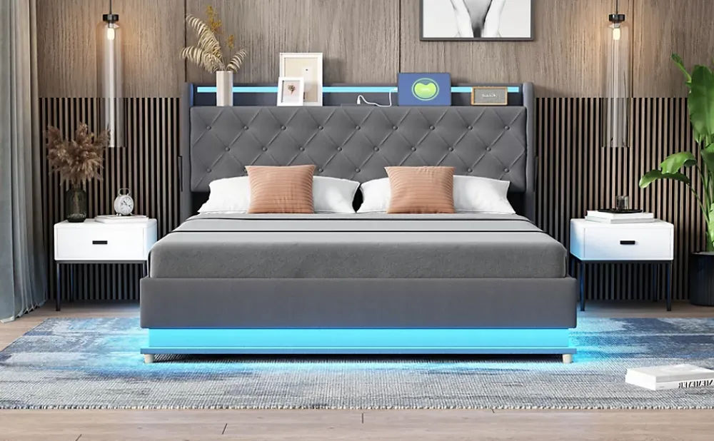 Redom Lit LED 160 par 200 cm avec port USB et rangement hydraulique tissu lin gris doux et respirant idéal pour adultes* Lit Avec Rangement