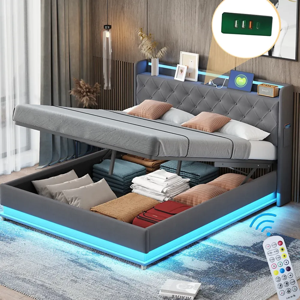 Redom Lit LED 160 par 200 cm avec port USB et rangement hydraulique tissu lin gris doux et respirant idéal pour adultes* Lit Avec Rangement