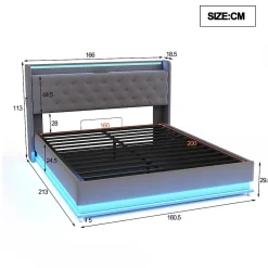 Redom Lit LED 160 par 200 cm avec port USB et rangement hydraulique tissu lin gris doux et respirant idéal pour adultes* Lit Avec Rangement