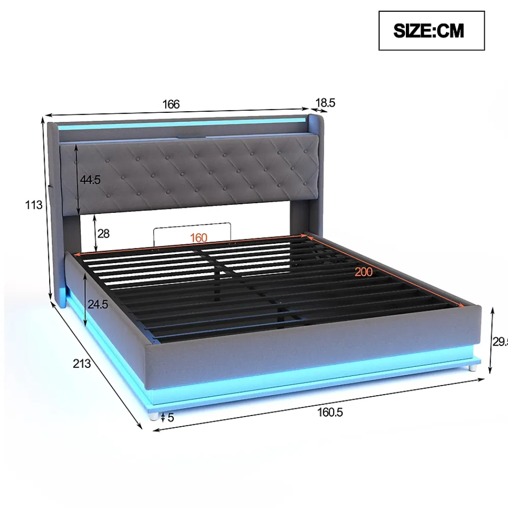 Redom Lit LED 160 par 200 cm avec port USB et rangement hydraulique tissu lin gris doux et respirant idéal pour adultes* Lit Avec Rangement