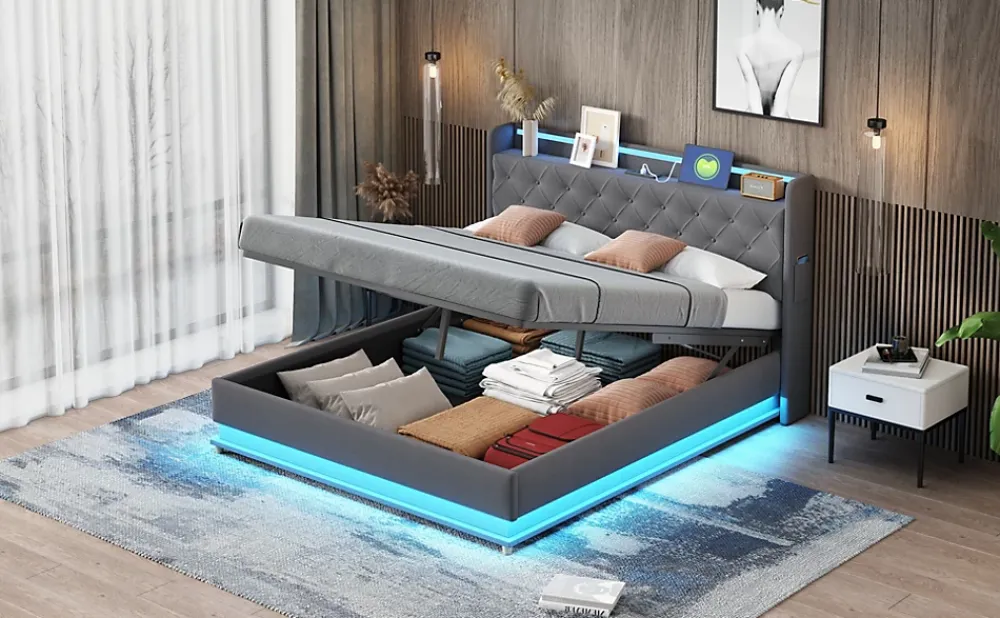 Redom Lit LED 160 par 200 cm avec port USB et rangement hydraulique tissu lin gris doux et respirant idéal pour adultes* Lit Avec Rangement