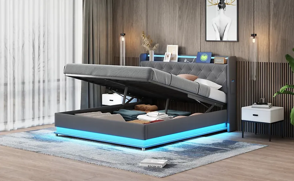 Redom Lit LED 160 par 200 cm avec port USB et rangement hydraulique tissu lin gris doux et respirant idéal pour adultes* Lit Avec Rangement