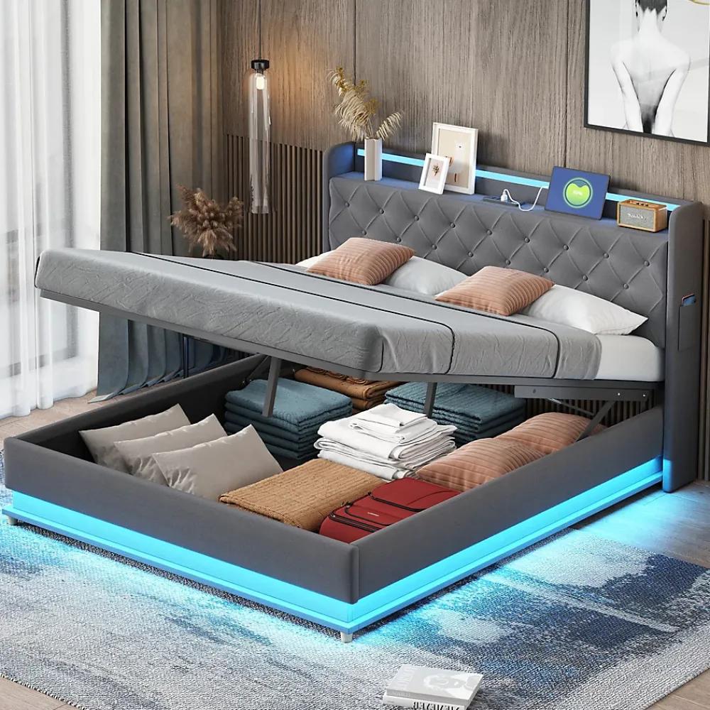 Redom Lit LED 160 par 200 cm avec port USB et rangement hydraulique tissu lin gris doux et respirant idéal pour adultes* Lit Avec Rangement