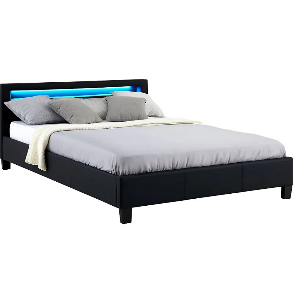 Lit LED double PINOT 140x190 cm, avec sommier, revêtement synthétique noir>Idimex Outlet