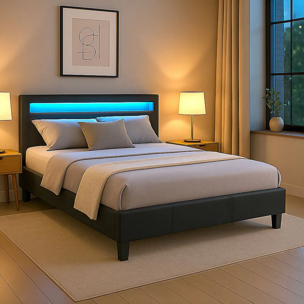 Lit LED double PINOT 140x190 cm, avec sommier, revêtement synthétique noir>Idimex Outlet