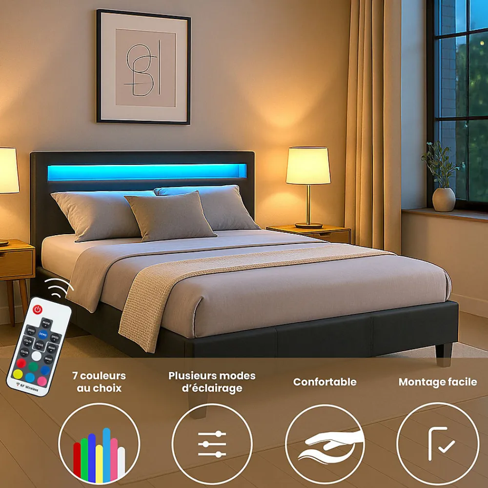 Lit LED double PINOT 140x190 cm, avec sommier, revêtement synthétique noir>Idimex Outlet