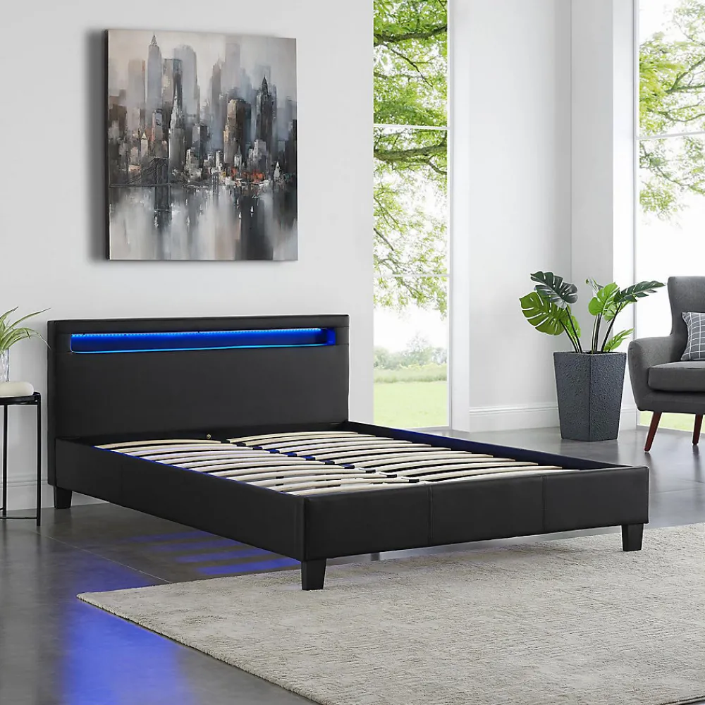 Lit LED double PINOT 140x190 cm, avec sommier, revêtement synthétique noir>Idimex Outlet