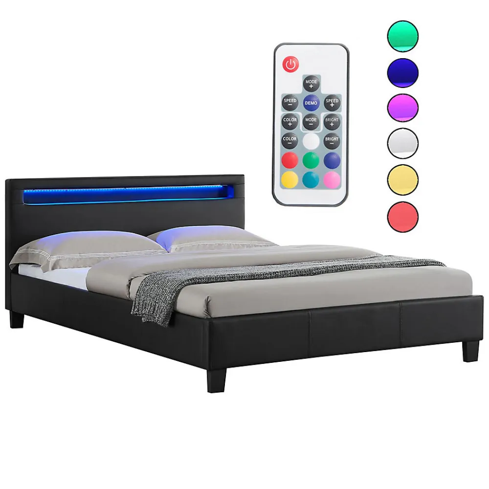 Lit LED double PINOT 140x190 cm, avec sommier, revêtement synthétique noir>Idimex Outlet