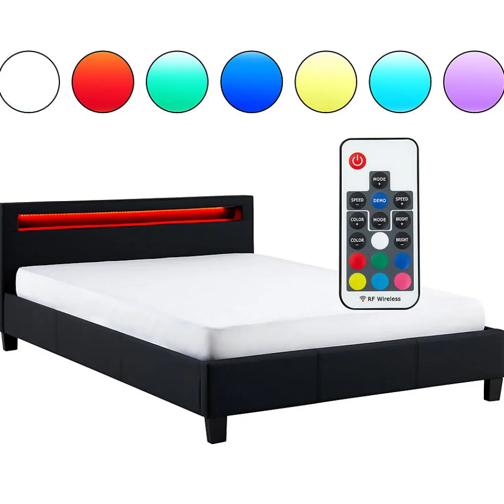 Lit LED double PINOT 140x190 cm, avec sommier, revêtement synthétique noir>Idimex Outlet