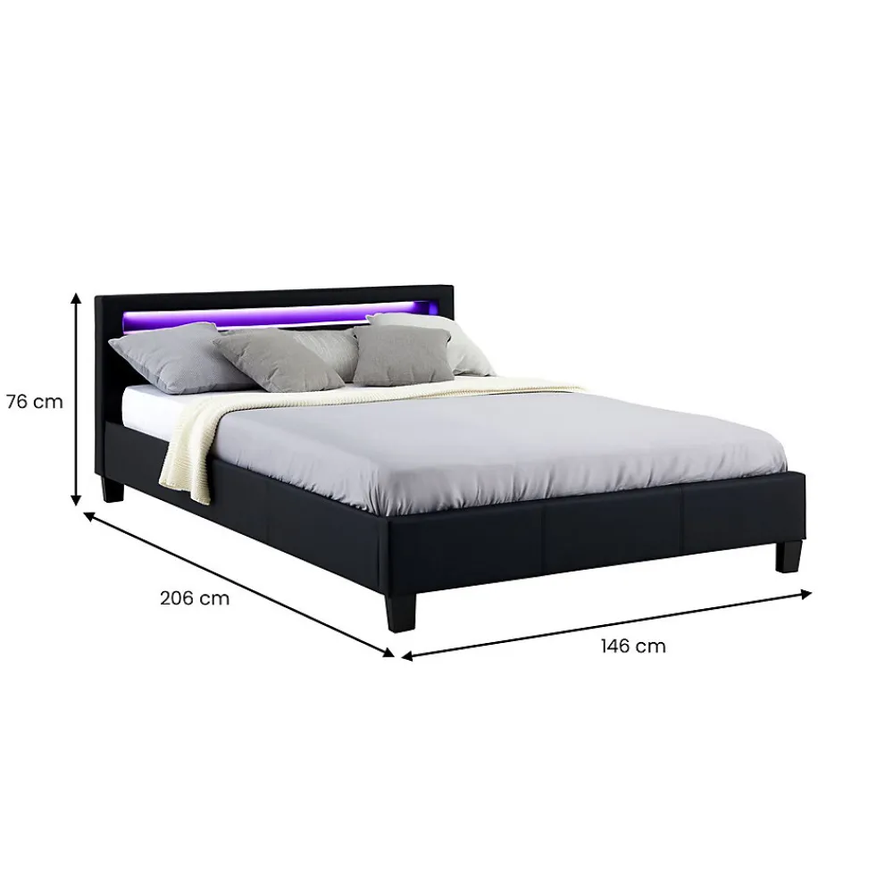 Lit LED double PINOT 140x190 cm, avec sommier, revêtement synthétique noir>Idimex Outlet