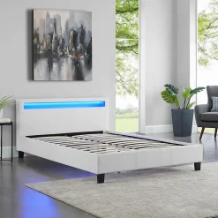 Lit LED double PINOT 140x190 cm, avec sommier, revêtement synthétique blanc><noscript><img width=