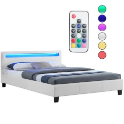 Lit LED double PINOT 140x190 cm, avec sommier, revêtement synthétique blanc><noscript><img width=
