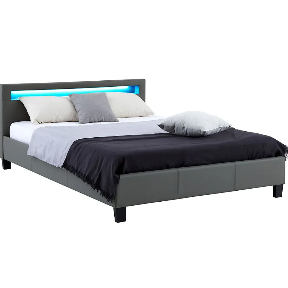 Lit LED double PINOT 140x190 cm, avec sommier, revêtement synthétique gris>Idimex